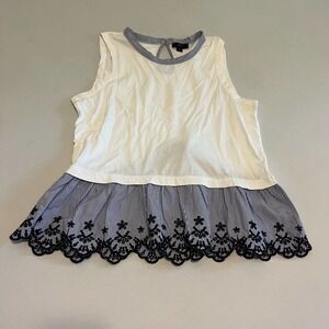 J. Crew | White Peplum Cotton Top with Scalloped Blue Trim - Small